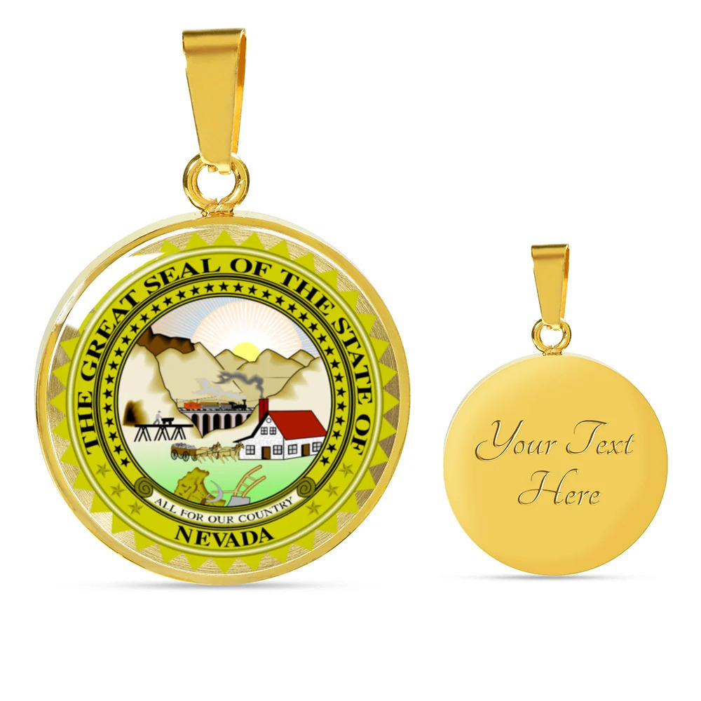 Nevada State Seal Personalized Engraved Gold Circle Necklace Custom Name Date G